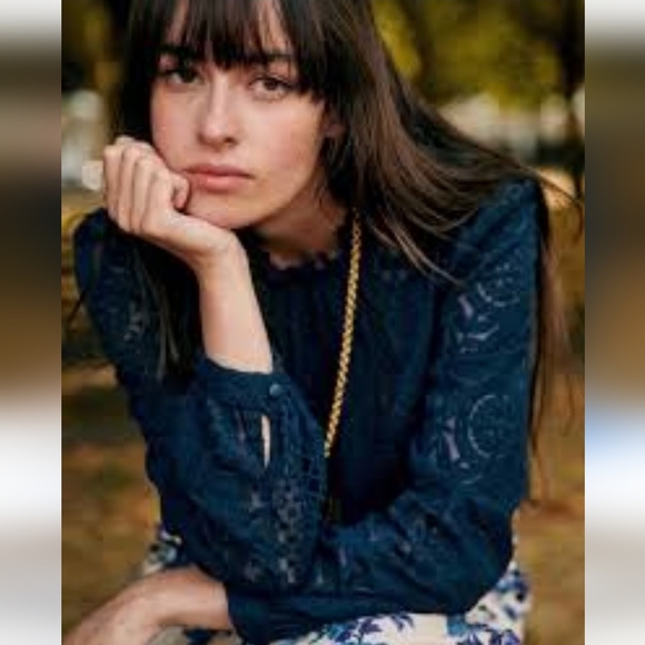 Sezane Tops - RARE Sezane Navy Lace Long-Sleeve Blouse
